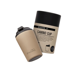 Made by Fressko insulated stainless steel 12oz Camino coffee cup in oat / beige colour with beige tubular packaging.