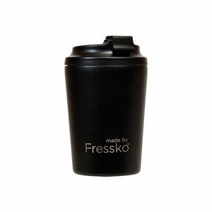 Made by Fressko reusable coal (black) stainless steel coffee cup and lid.