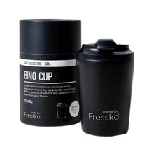 Made by Fressko reusable stainless steel 8oz Bino coffee cup in coal / black colour with packaging.