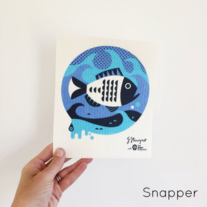 Compostable dish cloth with blue snapper design.