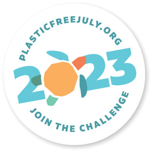 Plastic Free July badge for the 2023 campaign. Shows the year 2023 with a geometric turtle shape in place of the 0. Circular text around the badge reads "Join the challenge" and "plasticfreejuly.org".