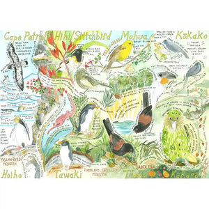 This 2024 Birding Calendar is the unofficial field guide to New Zealand birds. Seen here are illustrations of Haiho, Tawaki, Tīeke, Kākāpō, Kōkako and many more Aotearoa NZ birds.