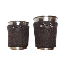 Again Again Coffee Cup Cozies available in plain grey and cute-as bears with rosy cheeks, ears and the best expressions!, Regular and large sizes to suit the borrow and return Again Again brand stainless steel coffee cups. Hand felted from NZ wool.
