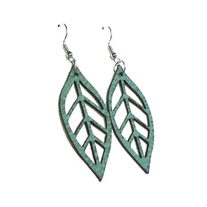 Autumn leaf inspired earrings laser cut from leather scraps by Remix Plastic.