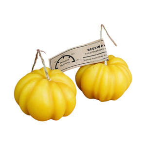 Natural beeswax candles in pumpkin shape, handmade with natural wicks and beeswax from Canterbury hives.