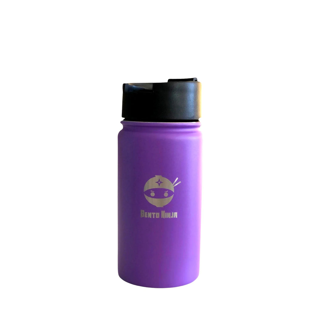 Stainless steel insulated water bottle / flask by Bento Ninja. Pictured is the amethyst purple flask with a flip open lid, ideal for coffee and hot beverages.