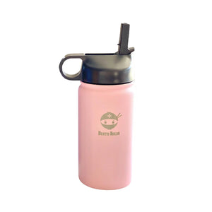 Stainless steel insulated water bottle / flask by Bento Ninja. Pictured is the cherry blossom pink flask with a straw lid, ideal for kids.