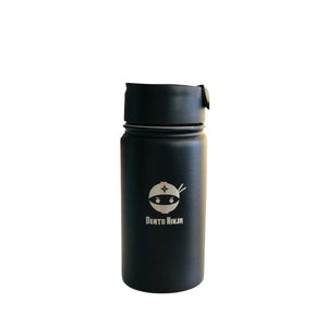 Stainless steel insulated water bottle / flask by Bento Ninja. Pictured is the ninja black 400ml flask with a flip open lid, ideal for coffee and hot beverages.