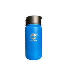 Stainless steel insulated water bottle / flask by Bento Ninja. Pictured is the ocean blue flask with a flip open lid, ideal for coffee and hot beverages.