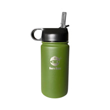 Stainless steel insulated water bottle / flask by Bento Ninja. Pictured is the olive green flask with a straw lid, ideal for kids.