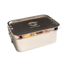 Rectangular stainless steel leakproof lunchbox by Bento Ninja with two spring hinged clasps.