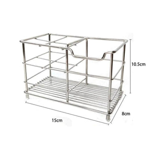 Stainless steel bathroom caddy with measurements by Bento Ninja.