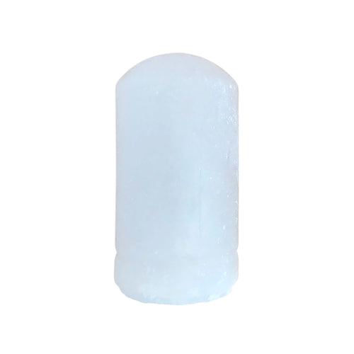Natural body crystal rock deodorant stone in a round cylinder shape with a rounded top.  