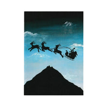 Christmas Greeting Card, blue sky with a black silhouette of a sleigh passing over top of a mountain peak. Christmas fundraiser for Fountain of Peace Childrens Foundation.