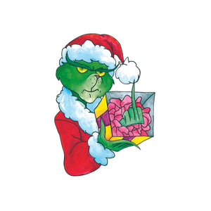 Christmas Greeting Card with a drawing of the Grinch in a santa suit, holding an open Christmas present and his hand can be seen within, flipping the bird. Christmas fundraiser for Fountain of Peace Childrens Foundation.