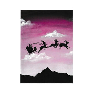 Christmas Greeting Card, purple sky with a black silhouette of Santa's sleigh passing over top of a mountain peak. Christmas fundraiser for Fountain of Peace Childrens Foundation.
