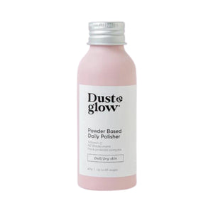 Dust & Glow's powder based daily polisher. Seen here in a recyclable pink aluminium bottle with a white label.