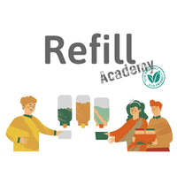 Earthlove eco shop refill academy graphic featuring 2 ladies and a gent refilling containers with natural wholefoods.