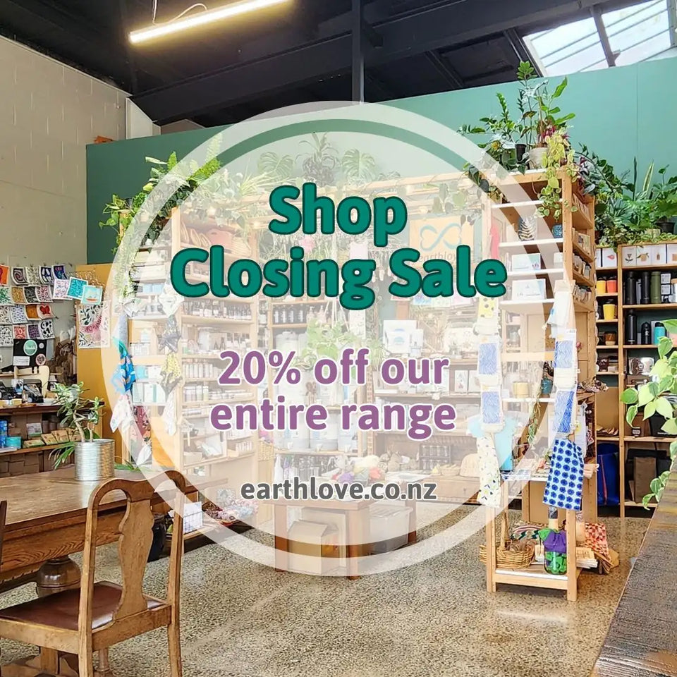 Earthlove eco-friendly shop closing sale Christchurch sign