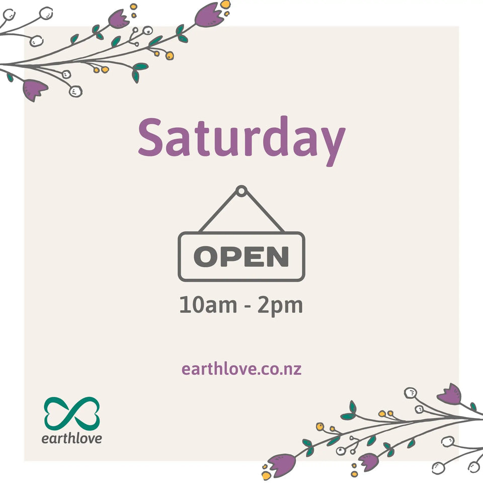 Image reads "Saturday" with a shop open sign and the hours of 10am to 2pm. Earthlove is now open on Saturdays!