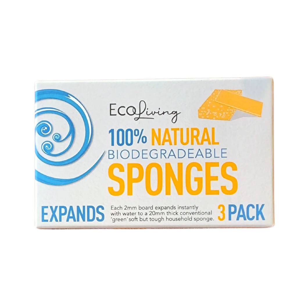 Eco living natural biodegradeable sponges made from natural cellulose.  Packaging for 3 pack pictured.