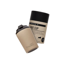 Made by Fressko insulated stainless steel 8oz Bino coffee cup in oat / beige colour with beige tubular packaging.