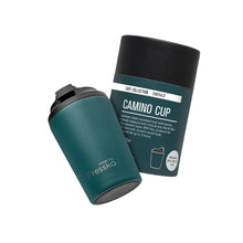 Made by Fressko insulated stainless steel 12oz Camino coffee cup in emerald green colour with beige matching green packaging.