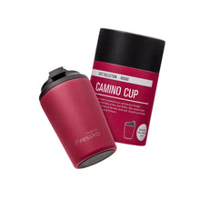 Made by Fressko insulated stainless steel 12oz Camino coffee cup in red / rouge colour with red tubular packaging.