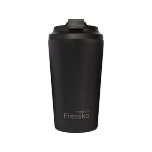 Made by Fressko reusable coffee cup in the grande size, powder coated coal / black stainless steel with a black lid.