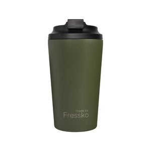 Made by Fressko reusable coffee cup in the grande size, powder coated khaki / olive green stainless steel with a black lid.