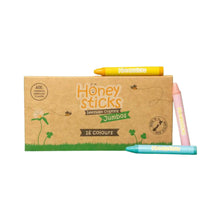 Honey sticks natural beeswax crayons in jumbo size, sustainable cardboard box packaging containing 16 different colours. Made in Aotearoa New Zealand and suitable for children over 12 months of age.