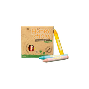 Honey sticks natural beeswax crayons in jumbo size, sustainable cardboard box packaging containing 8 different colours. Made in Aotearoa New Zealand and suitable for children over 12 months of age.