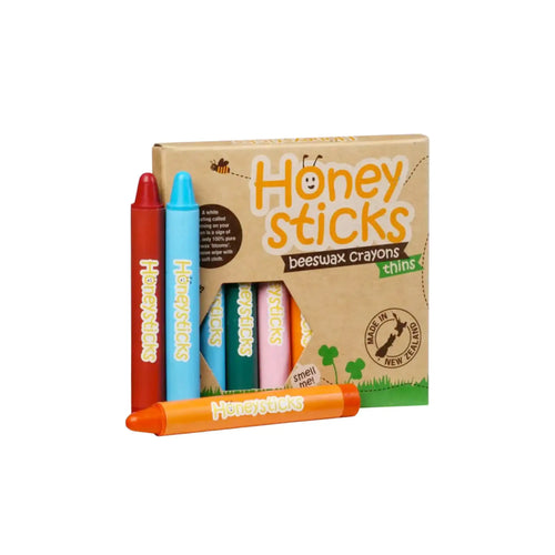 Honeysticks natural beeswax crayons in thin size, sustainable cardboard box packaging containing 8 different colours. Made in Aotearoa New Zealand and suitable for children over 12 months of age.