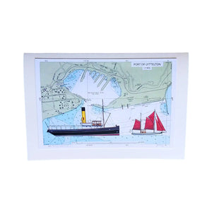 Port of Lyttelton greeting card with the tug "Lyttelton" and "Fox II" sailing boat from original painting by Christchurch artist Jo Ewing.