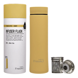 The whole package - here is the two part Fressko tea infuser alongside the water bottle / insulated flask. This stylish yellow stainless steel flask has the Fressko logo engraved to reveal the silver of the stainless steel. Alongside is the white and black cardboard tube that the flask is packaged in - altogether a lovely, sustainable gift.