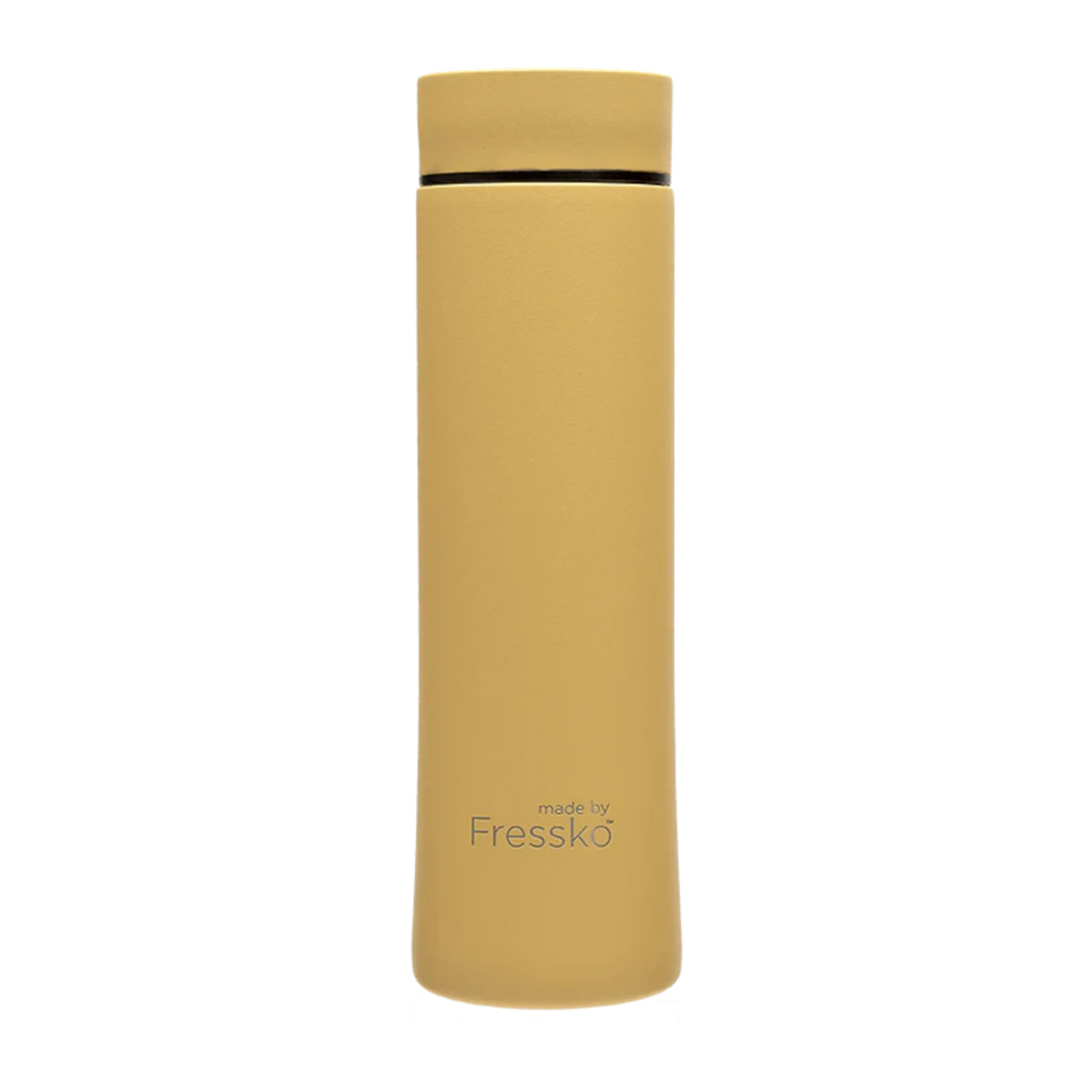 Fressko tea infuser, water bottle and insulated flask. This stylish yellow stainless steel flask with matching yellow lid has the Fressko logo engraved to reveal the silver of the stainless steel underneath.
