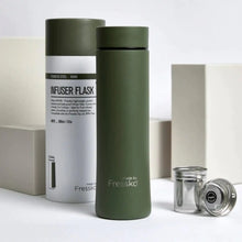 The whole package - here is the two part Fressko tea infuser alongside the water bottle / insulated flask. This stylish green khaki stainless steel flask has the Fressko logo engraved to reveal the silver of the stainless steel. Alongside is the white and black cardboard tube that the flask is packaged in.