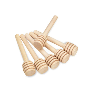 A selection of 6 small honey sticks, all made from turned wood. Natural and compostable.