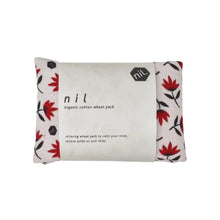 Organic cotton wheat pack in Pōhutukawa (white and red) pattern. Made by nil with minimal paper packaging. Heat and apply to aches and pains for instant relaxation.