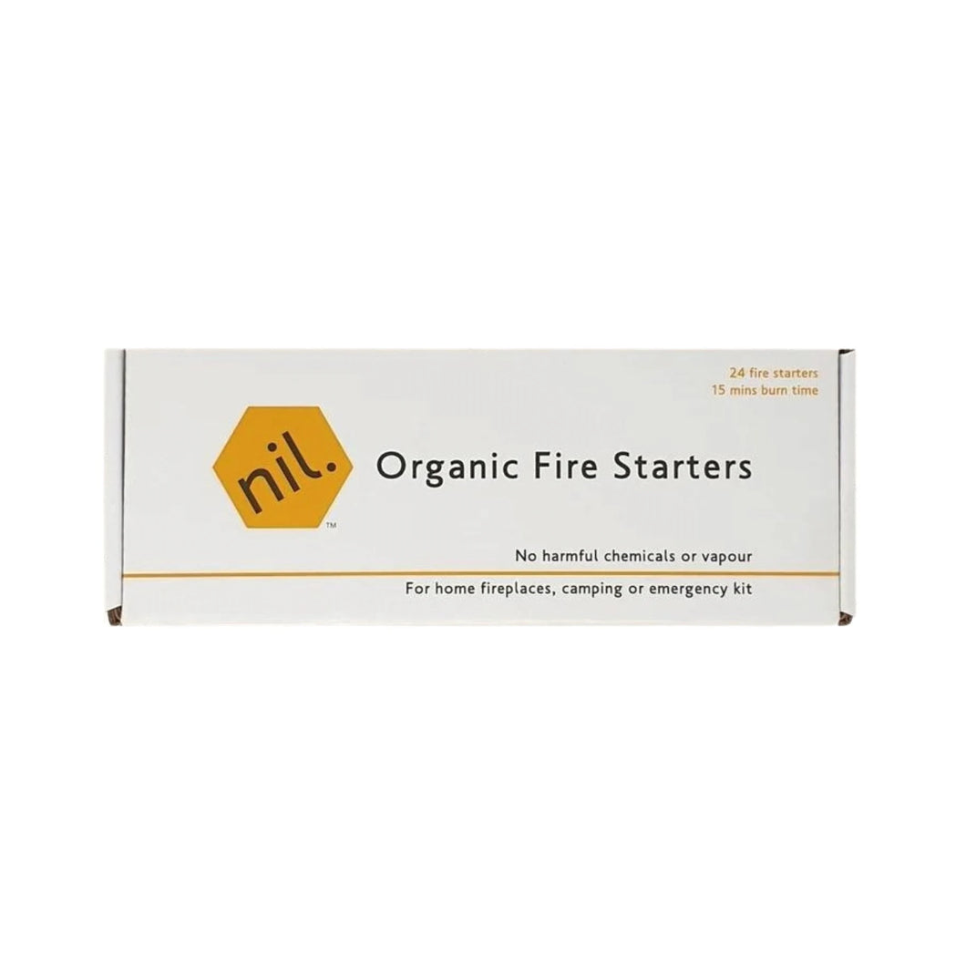 White cardboard box of organic fire starters made from beeswax wrap offcuts. 24 in a box.