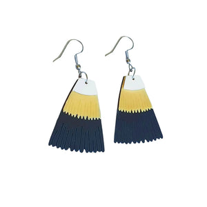Eco friendly Pūteketeke Feather / Bird of the Year / Century earrings made from recycled ice-cream container lids in Ōtautahi Christchurch by Remix Plastic. Hypoallergenic hooks which are silver in colour.