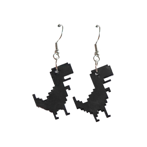 Black T-Rex Runner earrings made by Remix Plastic from recycled PLA plastic (3D printer waste).