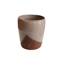 Ceramic espresso sized drinking tumbler handmade by Wellhandled Ceramics with a rich dark red coloured clay and a light pinkish glaze, looks like chocolate.