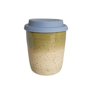 Espresso sized ceramic travel take-away coffee cup by Wellhandled Ceramics in a light green glaze with speckled clay and a grey coloured silicone lid.