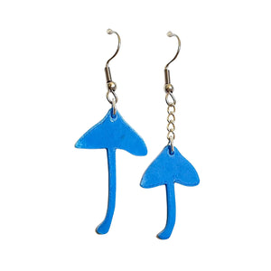 Werewere-kōkako Blue Mushroom Earrings unique to Aotearoa New Zealand and made from recycled 3D printer waste (PLA) by Remix Plastic.