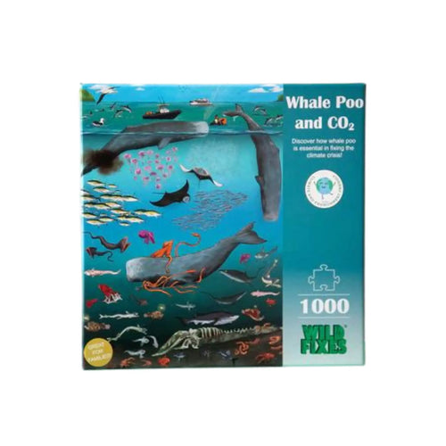 Whale Poo and CO₂ jigsaw puzzle with 1000 pieces and features a stunning artwork of an ocean scene. Highlights how Whale Poo helps to prevent climate change. Fun and educational and suitable for all ages.