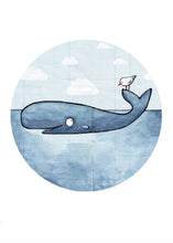 Greeting card featuring a whale with a seagull perched on his tail, watching each other.