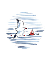 Greeting card featuring a seagull flying high over a sailing boat.