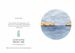 Greeting card featuring Le Bons Bay, Christchurch, New Zealand.