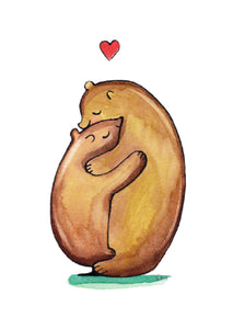 Greeting card featuring a big bear hugging a little bear with a red love heart over their heads.